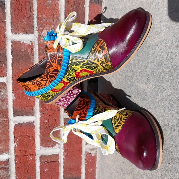 Boho Sz 42 Floral Multicolor Lace Up Ruffle Patchwork Clog Shoes - Picture 1 of 17